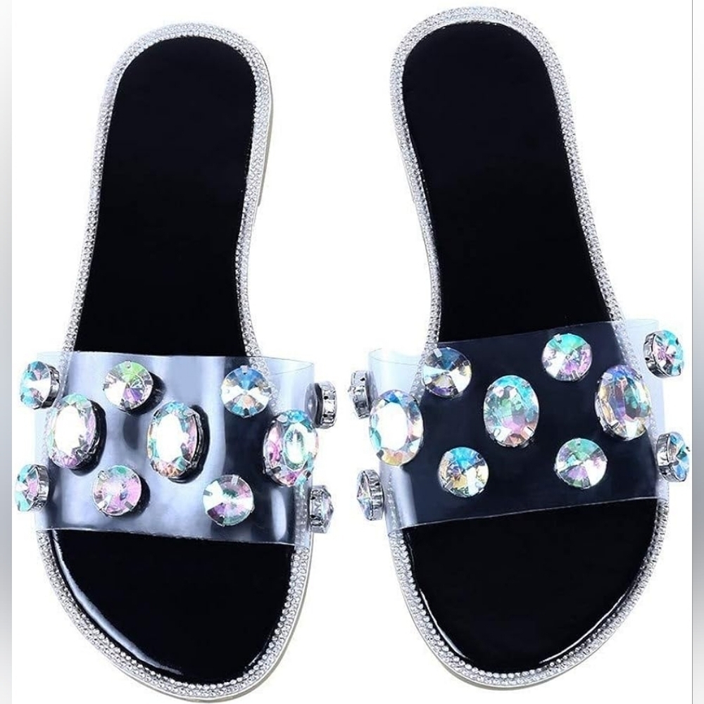 Rhinestone Non Slip Wide Slippers Summer Open Toe Slides Beach
